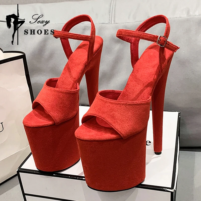 2024 New Summer Women 20cm High Heels 10cm Platform Suede Black Sandals Lady Stiletto Heels Strappy Sandles Catwalk Fetish Shoes