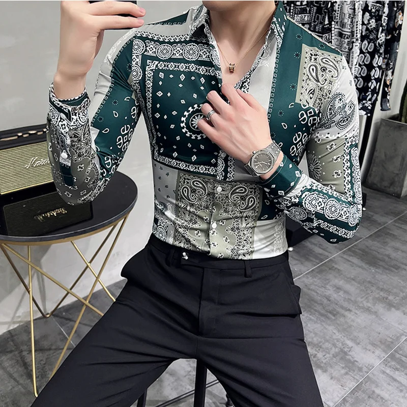 Plus Size 6XL-M New Digital Printing Shirts Fashion Men Long Sleeve Social Party Clothes Mens Brand Casual Business Green Shirts