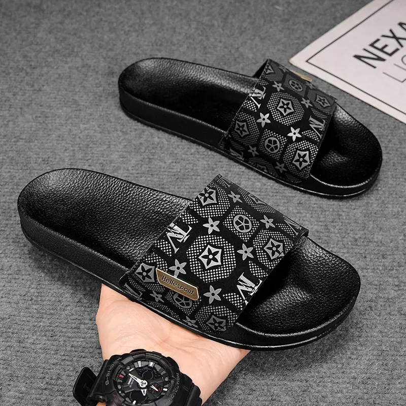 

Free shipping fashionable men outdoor beach slippers new arrival premium print unisex casual plus size 38-45 anti slipper grey b
