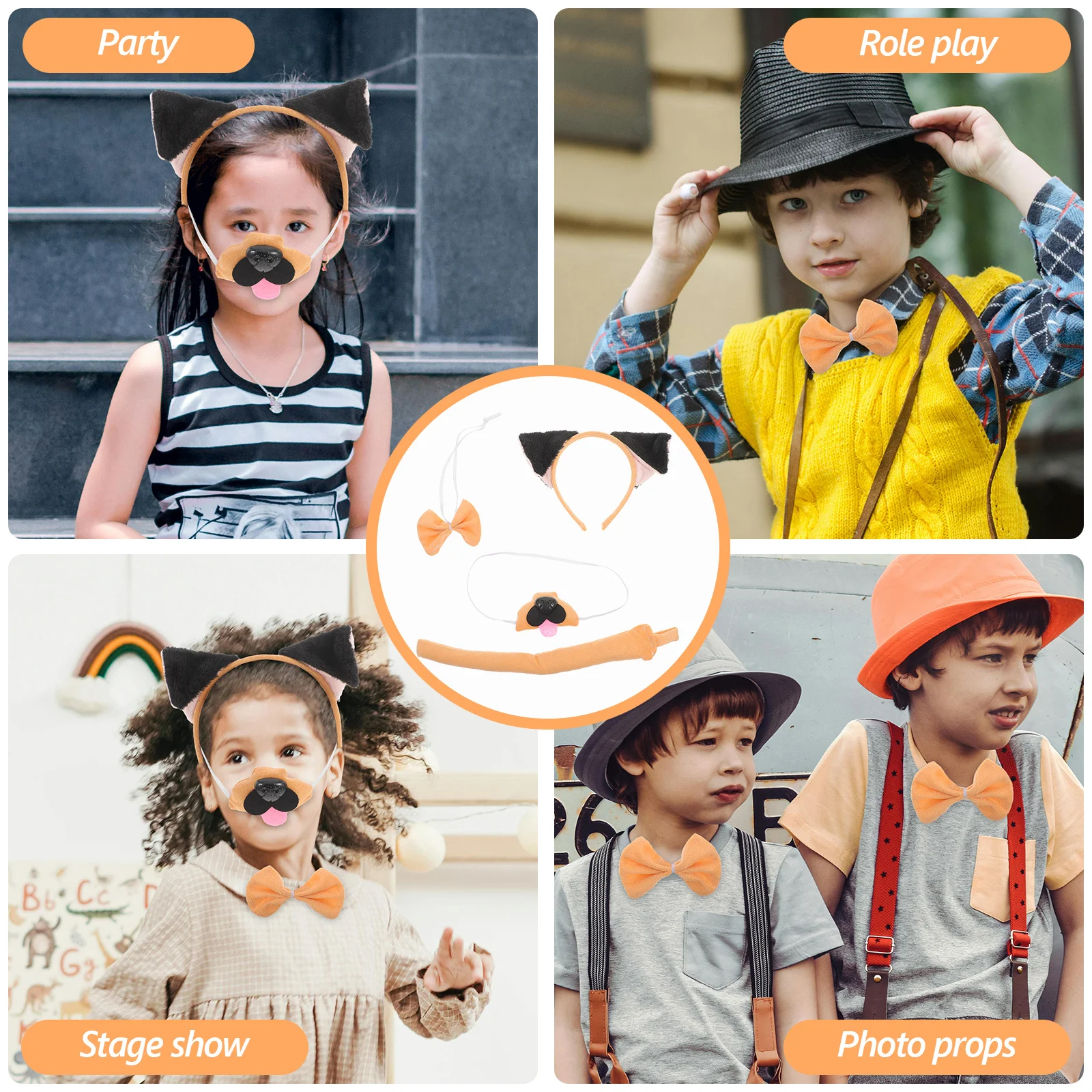 1Set Dog Costume Accessory Set Cartoon Ears Headband Tail Bowtie for Party Cosplay Dog Animal Costume Prop