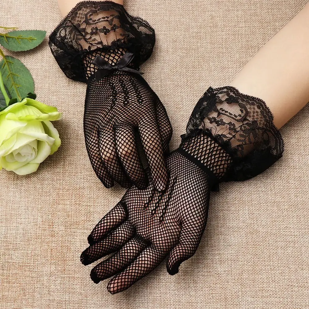 Short Children's Wedding Gloves Thin Elegant Etiquette Dress Gloves Bow Knot Women Lace Mesh Gloves