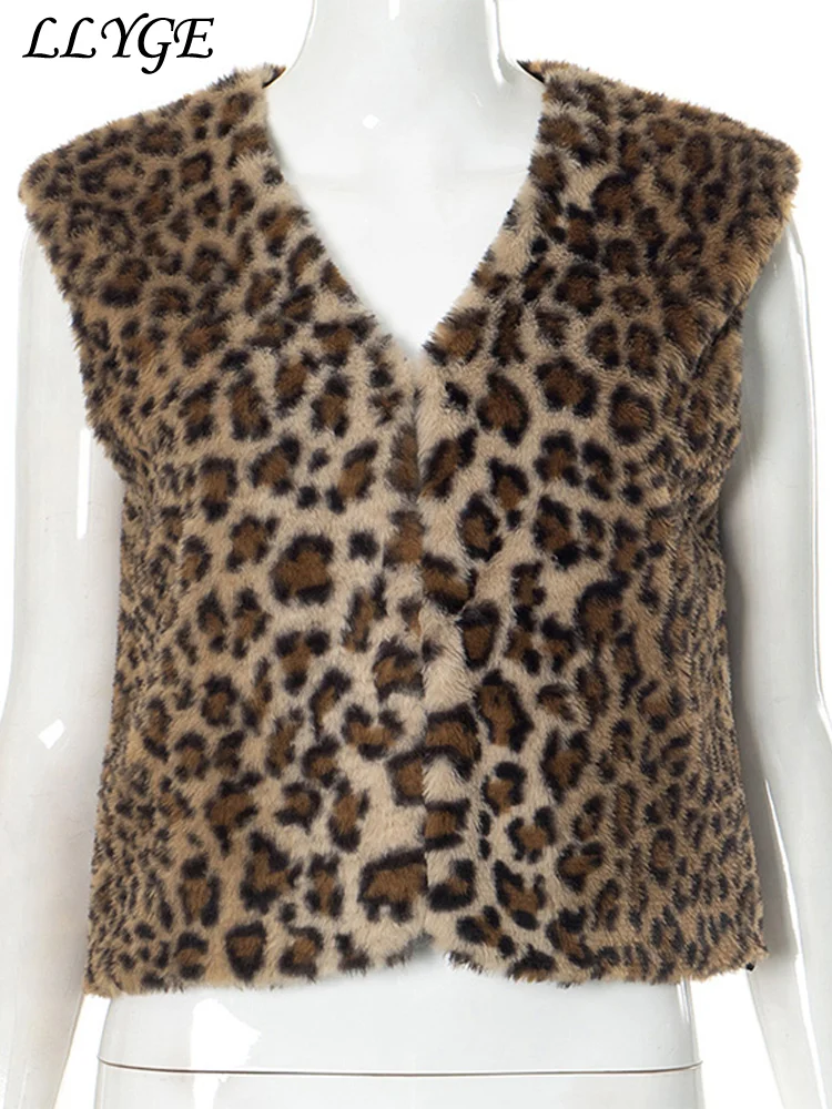 Casual Women's Fleece Leopard Print Vests V Neck Sleeveless Single Breasted Female Waistcoat 2024 Autumn Lady Chic Warm Outwear