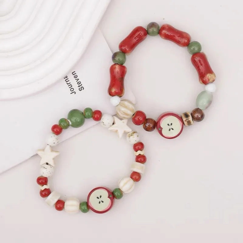Handmade Apple Fruit Bone Bead Ceramic Bracelet Stretchable Boho Ethnic Jewelry Unique Gift image 4