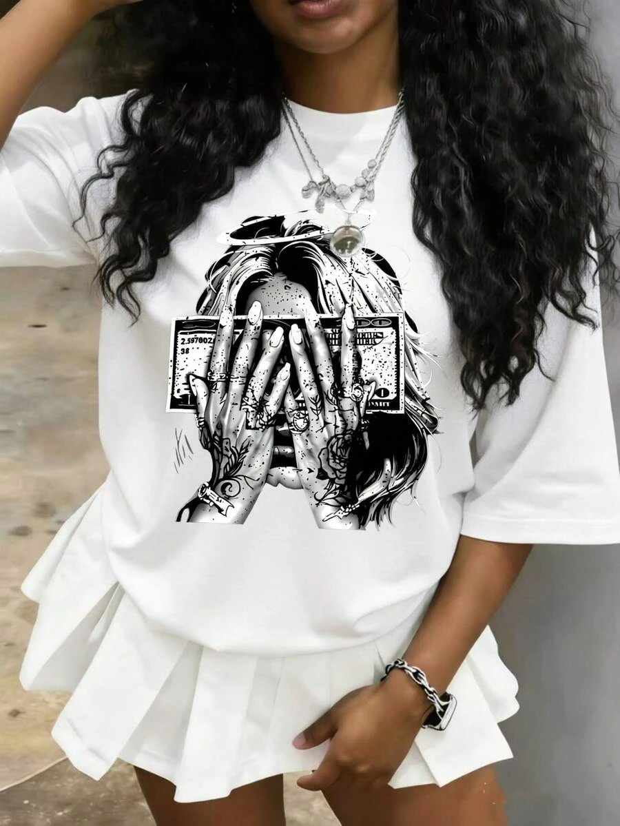 Streetwear Graphic Print Women's T-Shirt Tattoo Hands Covering Face with Money Design Casual Summer Top