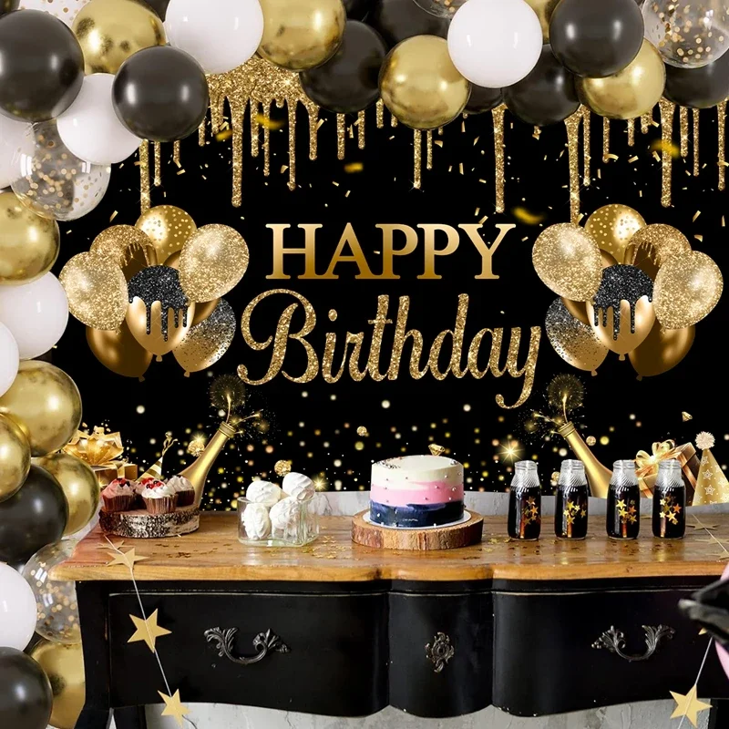 Goldglitzernder Polyester-Hintergrundstoff für Geburtstagsfeiern, Hintergrundbanner, perfekt für eine schwarze und goldene Happy-Birthday-Themenparty für Erwachsene – Detail 4