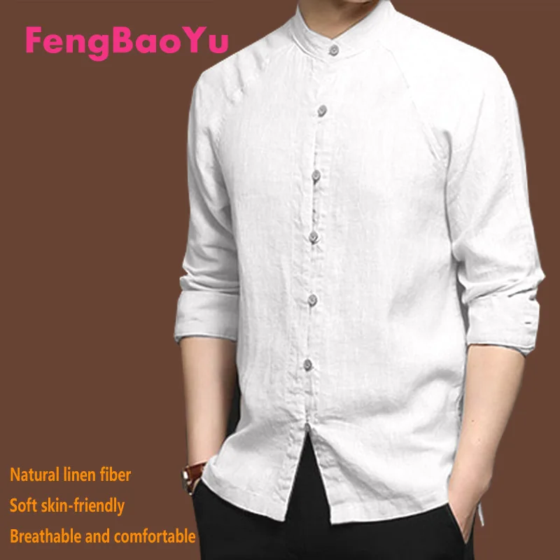 Fengbaoyu Linen Spring Autumn Men's Long-sleeved Shirt Chinese Style Loose Casual Middle-aged Solid Color 5XL Tops Free Shipping