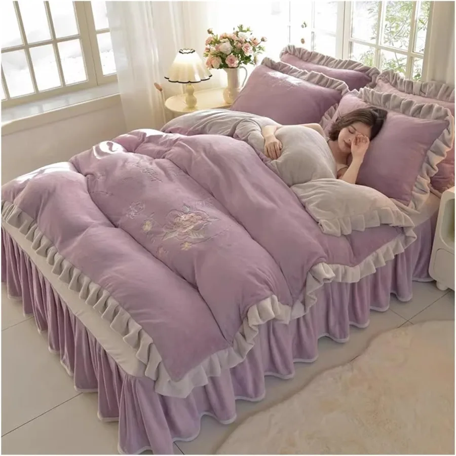 طقم غطاء لحاف مريح دافئ باللون الرمادي الداكن مع لمسة نهائية مضادة للكهرباء الساكنة للاستخدام في الشتاء طقم سرير مكون من 4 قطع بما في ذلك ملاءة مناسبة للملحف