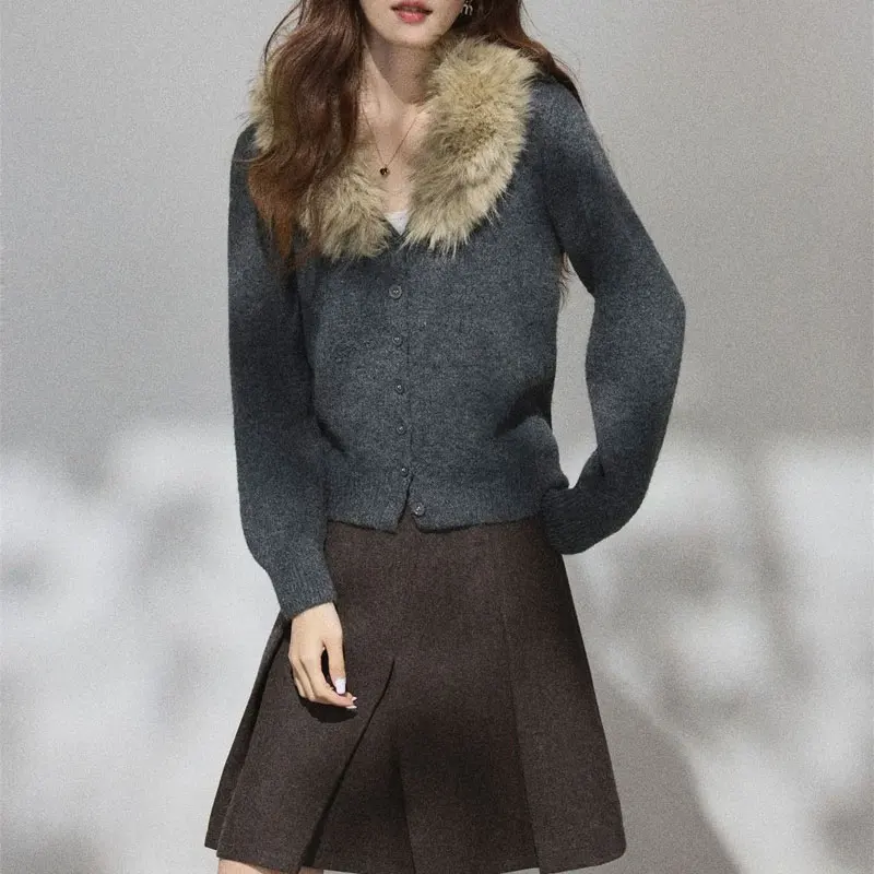 

Женская одежда, однотонный вязаный кардиган с длинным рукавом, осень-зима, винтажный меховой воротник с v-образным вырезом, базовые повседневные свитера