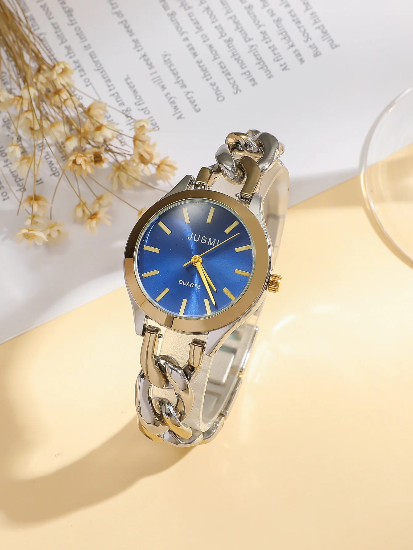 

Элегантные женские часы двухцветные (золото-серебро), с синим циферблатом, браслетом в стиле кубинской цепи, модные кварцевые наручные часы, подарок для повседневного ношения