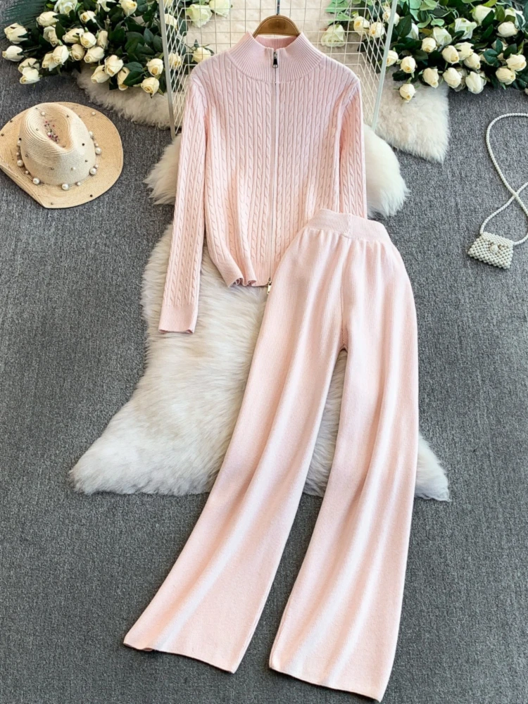Ensemble deux pièces décontracté pour femmes, automne et hiver, doux et chic, fermeture éclair, tricot, col montant, manteau, taille haute, pantalon à jambes larges