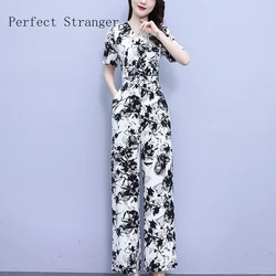 2024 Summer Women Casual Short Sleeve V-Neck Jumpsuits Ladies Flower Plaid Bodysuit Long Pencil Side Slit Pants Women Jumpsuit