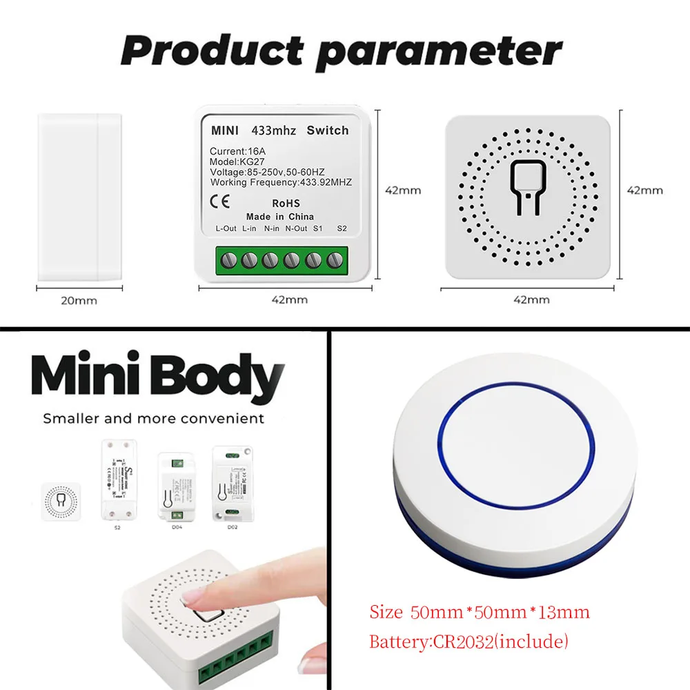Wireless Light Switch 433mhz Rf Mini Round Push Button Wall Panel Switch 16A 220V Relay Receiver Can Connect Traditional Switch
