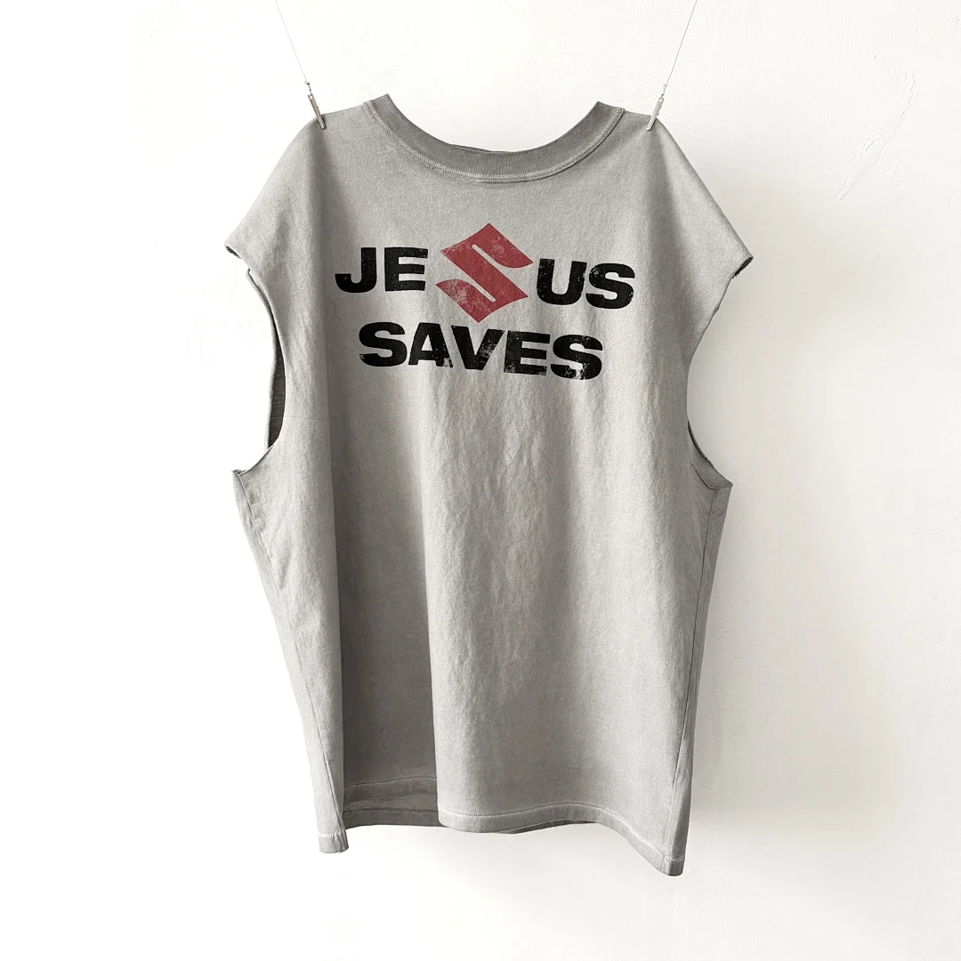26ss Saint Jesus Save Parody Printed Women Men Heavyweight Vintage Tank Vest T shirts tees Hiphop Oversized Men Cotton T shirt