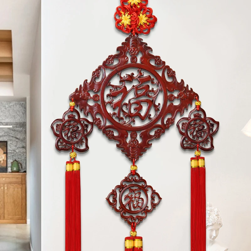Chinese knot pendant living room large camphor wood carving Fu character pendant home Chinese New Year decoration China Festival