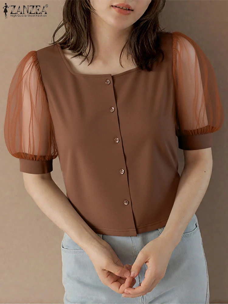 حجم كبير 5XL ZANZEA أنيقة مكتب سيدة قمصان النساء شبكة المرقعة بلوزة مثير ساحة طوق الصلبة عادية تونك بلوزات على الموضة