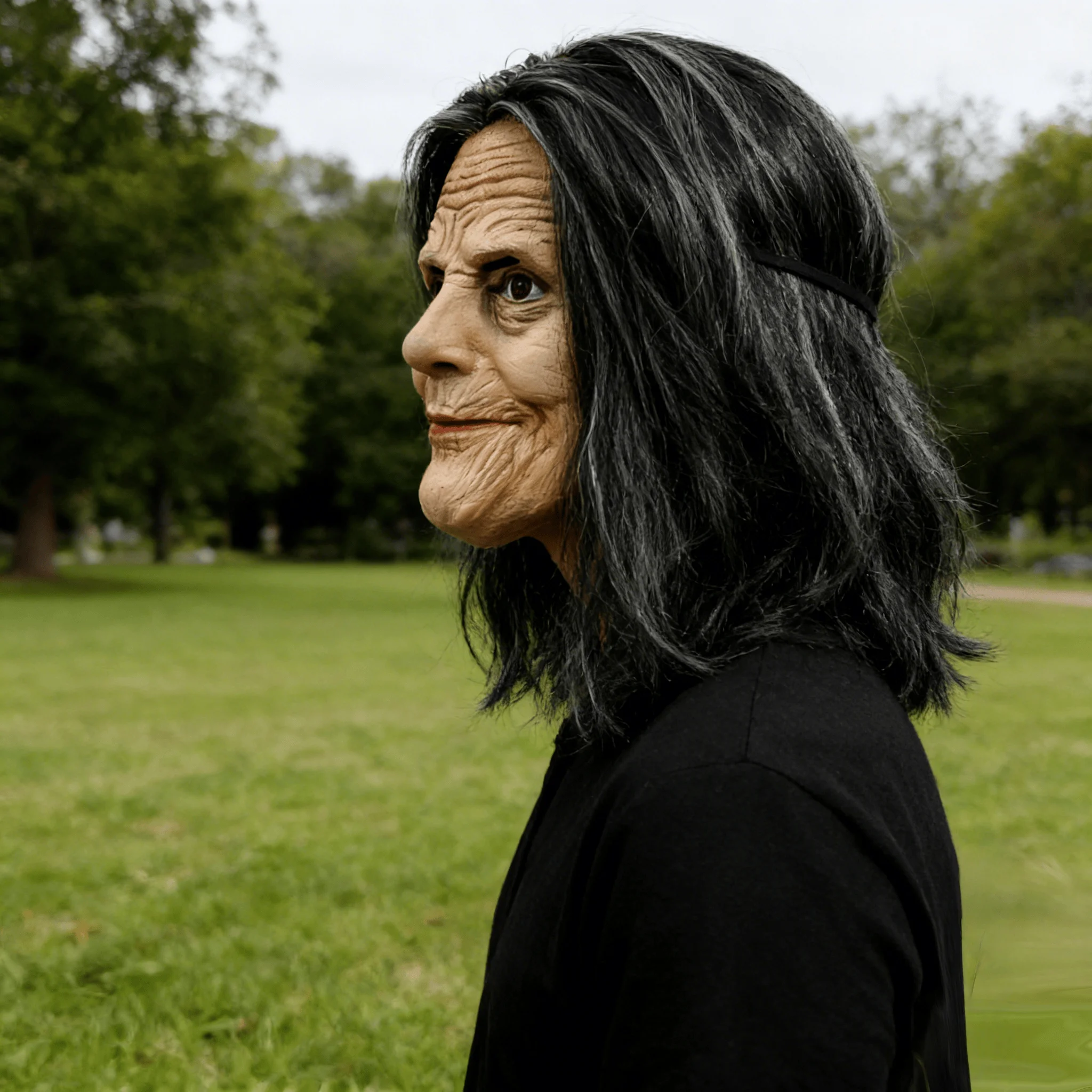 Lifelike Menacing Elderly Woman Halloween Mask – Hyper-Detailed Skin Texture, Black Hair & Sinister Smile, Durable Latex Mask