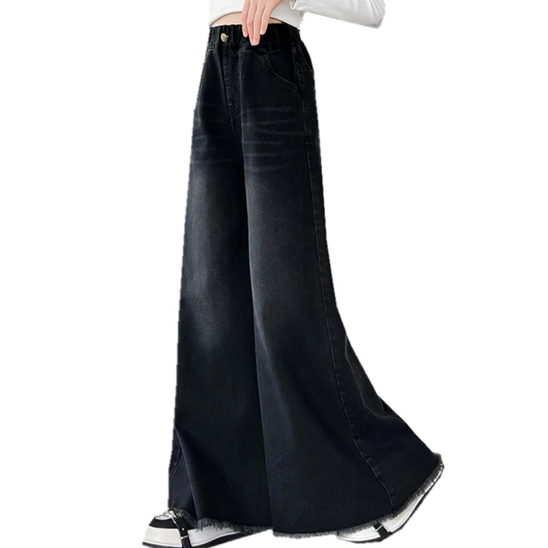 

Street Style Kids Fashion Boot Cut Black Wide Jeans For Girl New Casual Wide Leg Denim Pants Child Bootcut Baggy Jeans Trousers