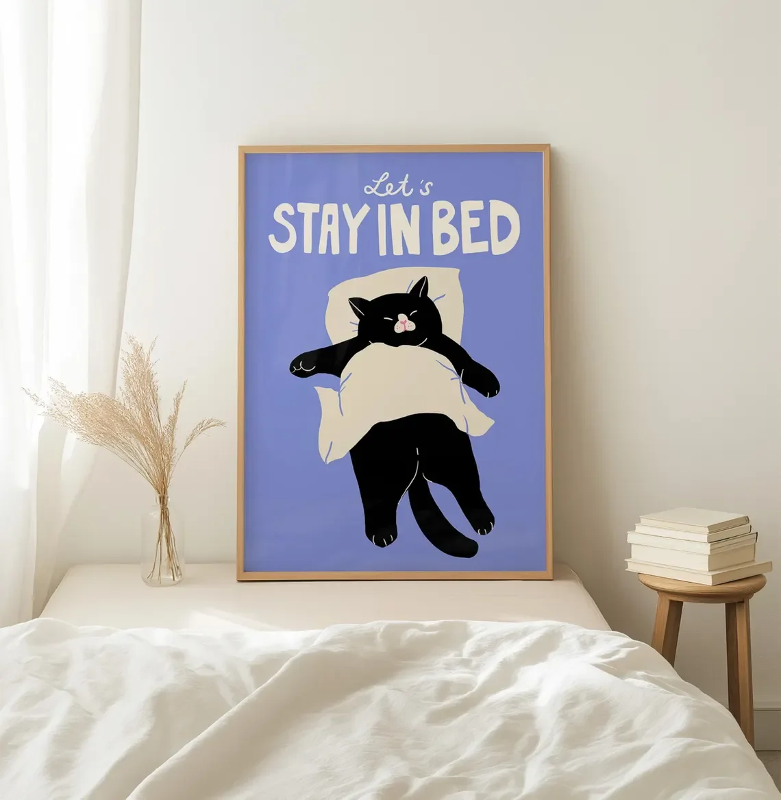 Funny Cat Print, Bedroom Wall Decor, Cozy Home Art, Stay in Bed Quote, Black Cat Art, Lazy Day Print, Cat Lover Gift, Sleep Tigh