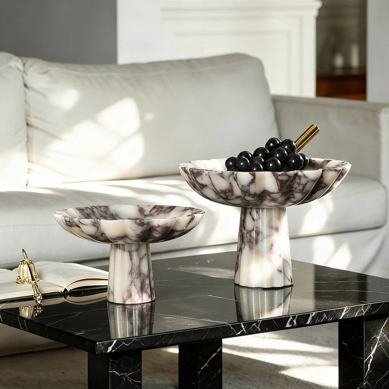 Calacatta Viola Marble Pedestal Fruit Bowl Ruffled Edge Stone Tray Luxury Snack Jewelry Storage Dish for Living Room Home Decor