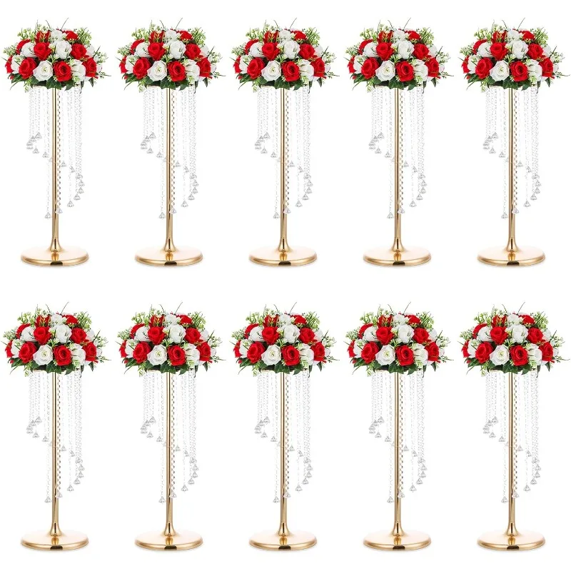 Wedding Centerpieces Gold Vases: 10 Pcs 27.6in Tall Crystal Flower Vase Metal Flowers Stand for Party Tables Decorations