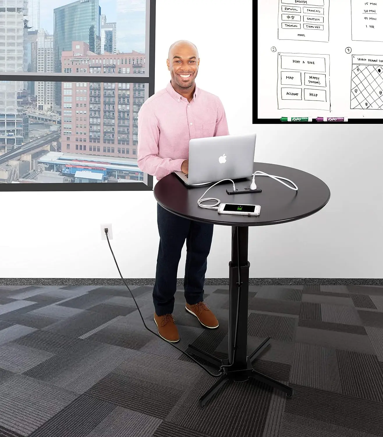 Round Charging Table | Height Adjustable Café Table with Built-In AC Outlets & USB Charging | Fast Charging for Multiple Devices