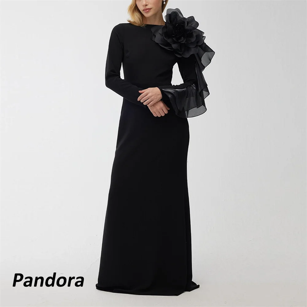 

Pandora Black Boat Neck Evening Gown Floor Length Mermaid with 3D Flowers Women's wedding Banquet Party Dress