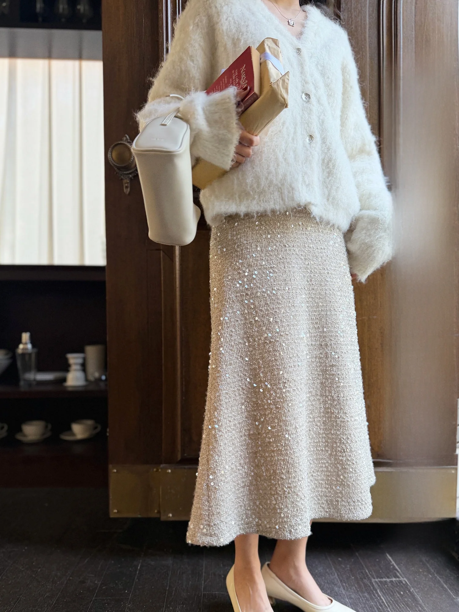 

Elwing New Year Atmosphere Sparkling Retro Gold Sequin Fish Tail Half Skirt Women's Casual mid Waist Bright Thread Skirt