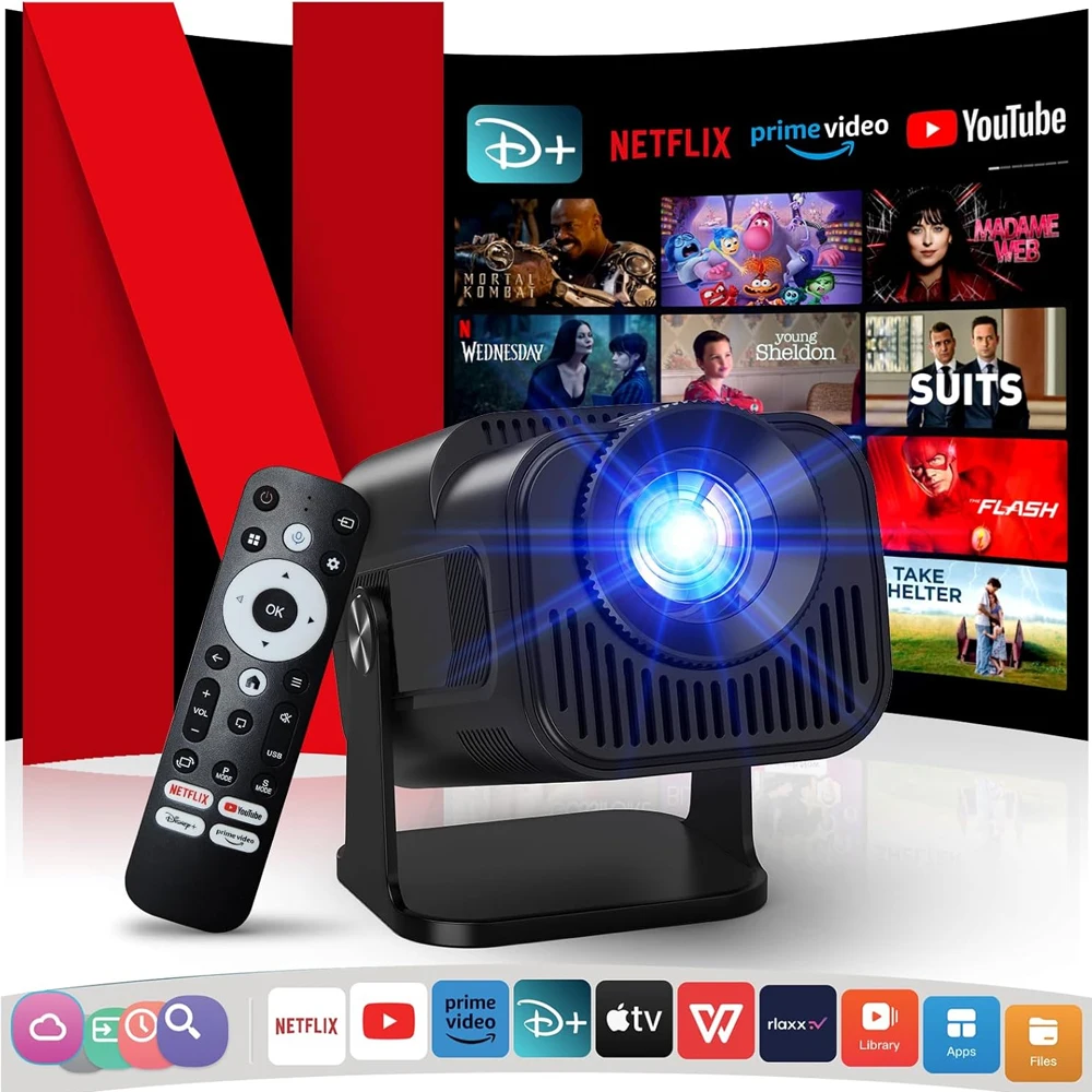 جهاز عرض محمول HY320 أندرويد 11 واي فاي 6 BT 5.0 390ANSI Allwinner H713 أصلي 1080P 4K يدعم جهاز عرض منزلي خارجي