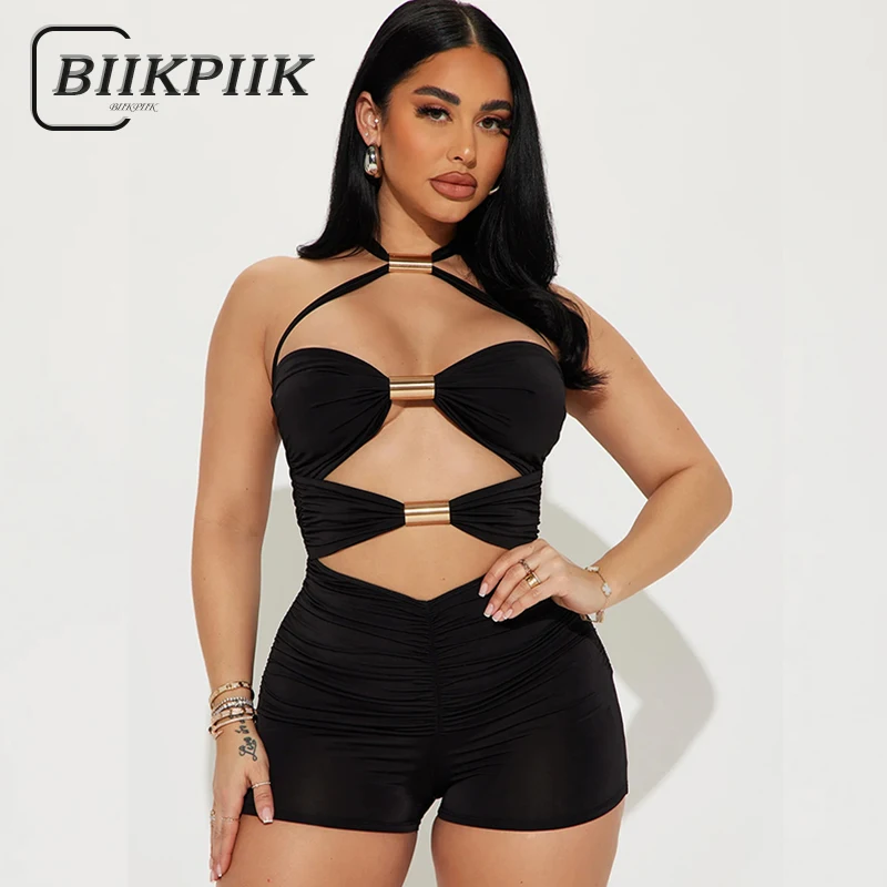 BIIKPIIK Sexy Hol Vrouwen Speelpakjes Mode Metalen Ringen Backless Skinny Rompertjes Vakantie Club Zwarte Overalls Middernacht Party