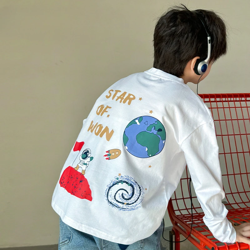 

Children's Graffiti Globe Rocket Astronaut Print Black and White Long Sleeves Short Sleeves Neutral Casual Cute Top