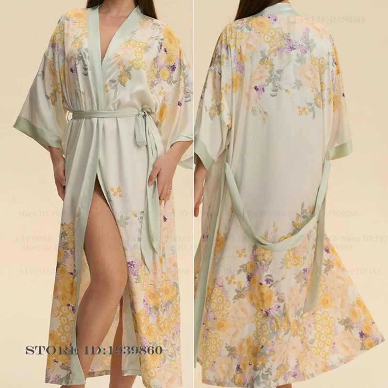 

Elegant Print Flower Female Long Robe Home Dress Sexy Silk Satin Sleepwear Nightgown Half Sleeve Kimono Bathrobe Gown Loungewear