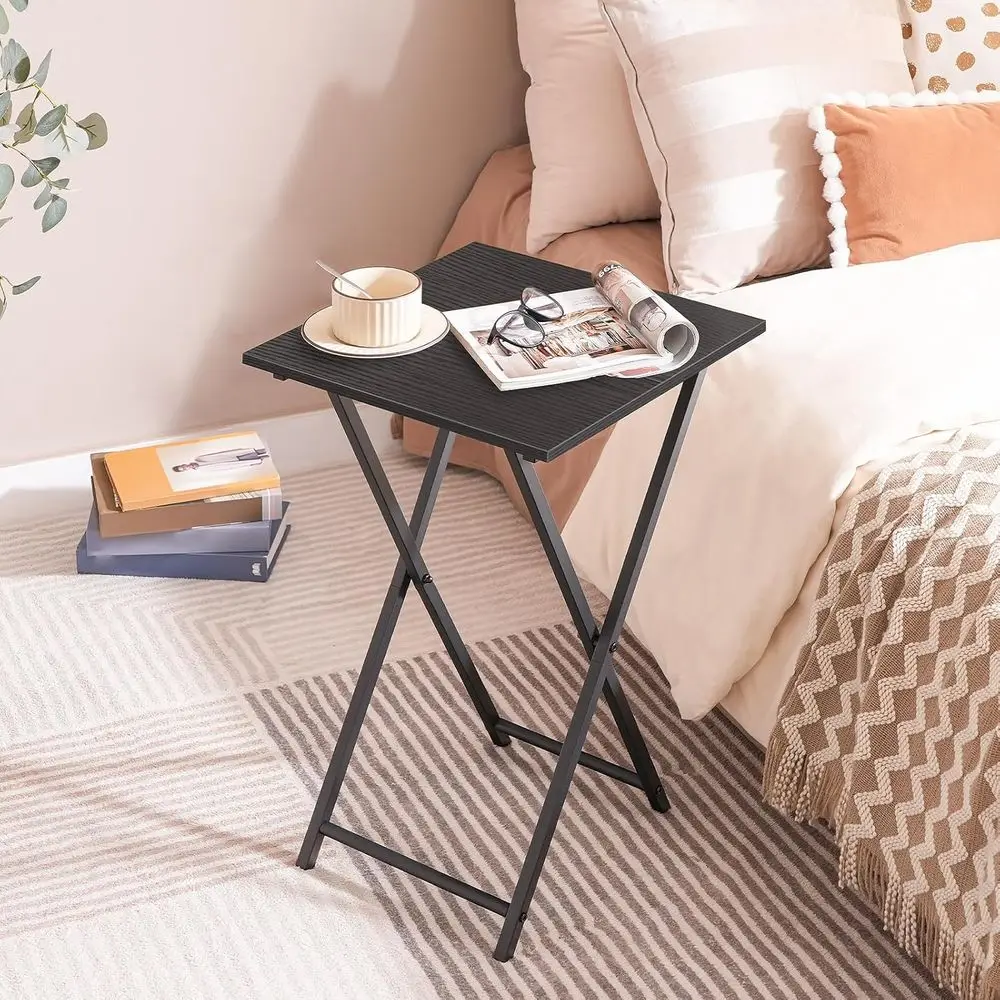 Set 2 Meja TV Lipat Kayu, Meja Camilan Portabel untuk Sofa, Meja Industri Ringkas, Perakitan Mudah, Hemat Ruang, Hitam