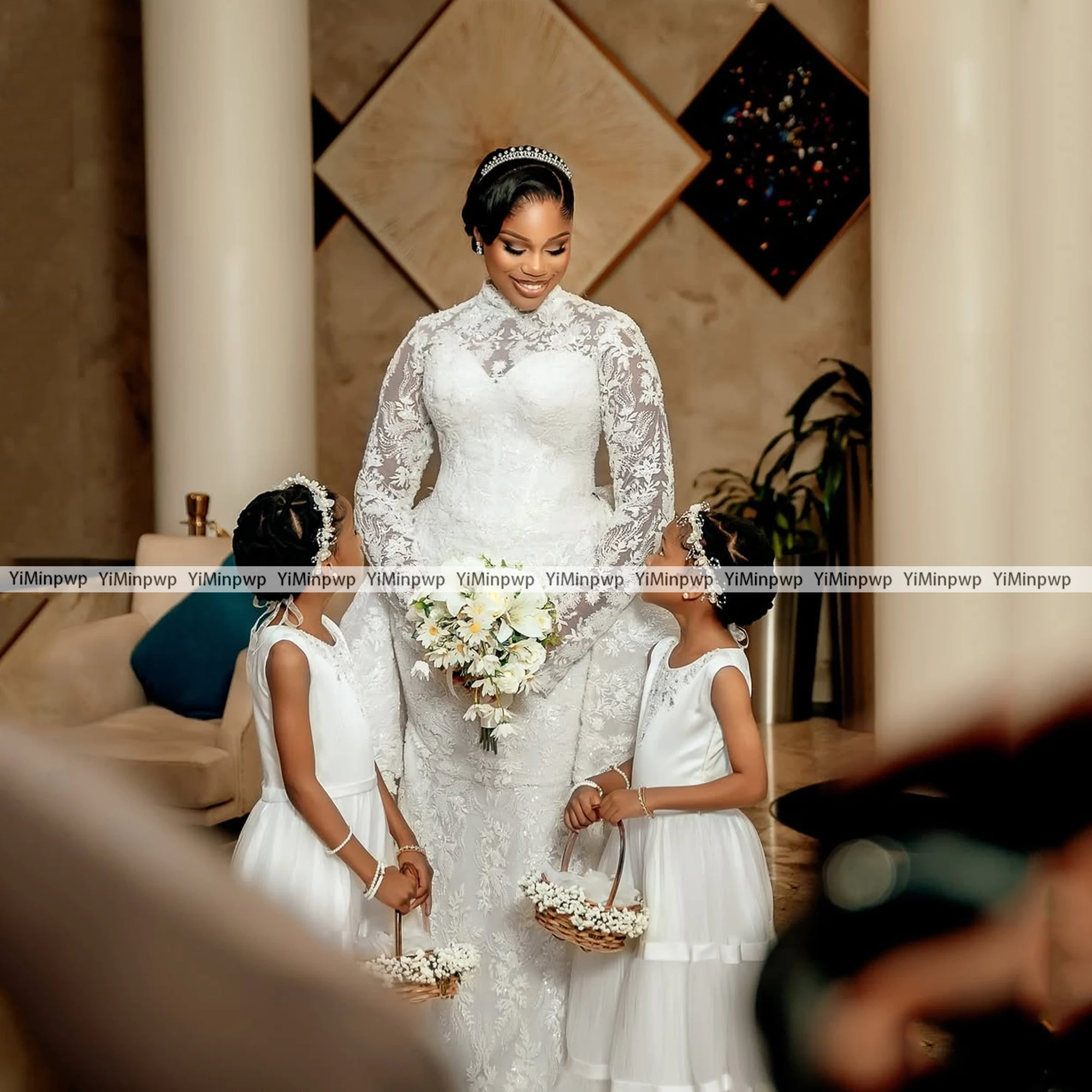 

Lace Luxury Wedding Dresses 2025 Bride Long Sleeve High Neck Applique Bride Gowns Boho vestidos de novia Mermaid Customized