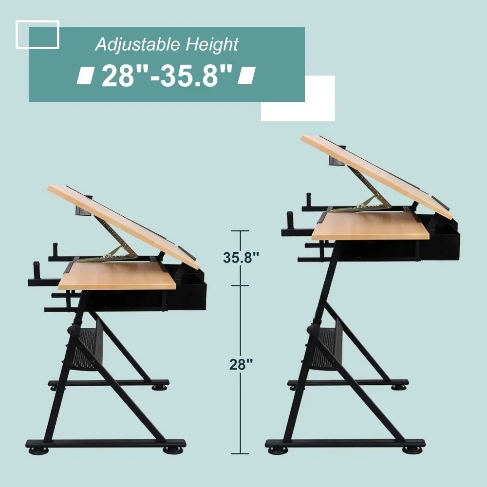 Drafting Table Art Desk Drawing Table Height Adjustable Artist Table Tilted Tabletop w/Drafting Stool and Storage Drawer for Re