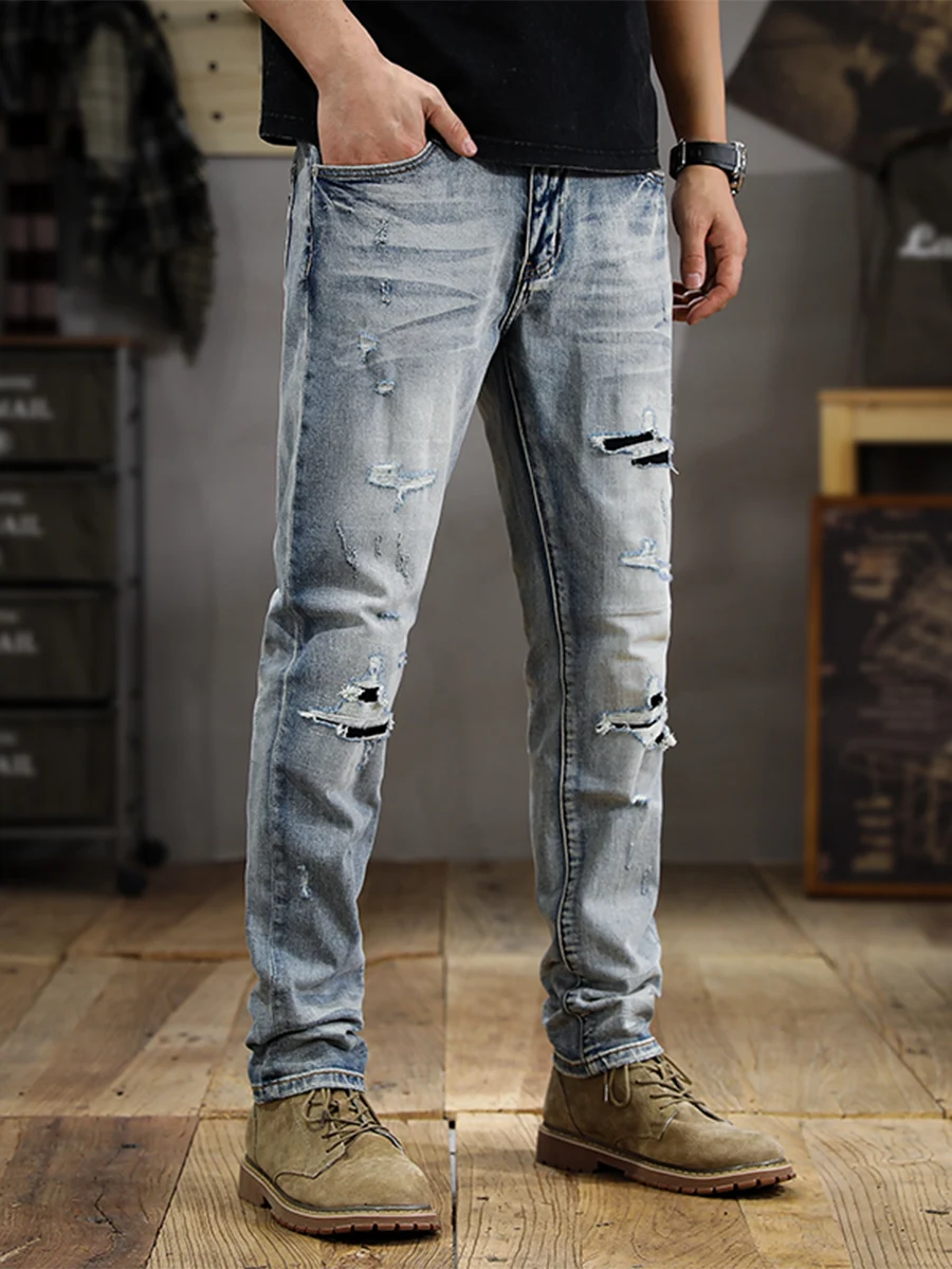 

Осенние новые облегающие мужские джинсы с прямыми штанинами в американском стиле ретро, модные мотоциклетные длинные брюки с дырками, модные Ci You...