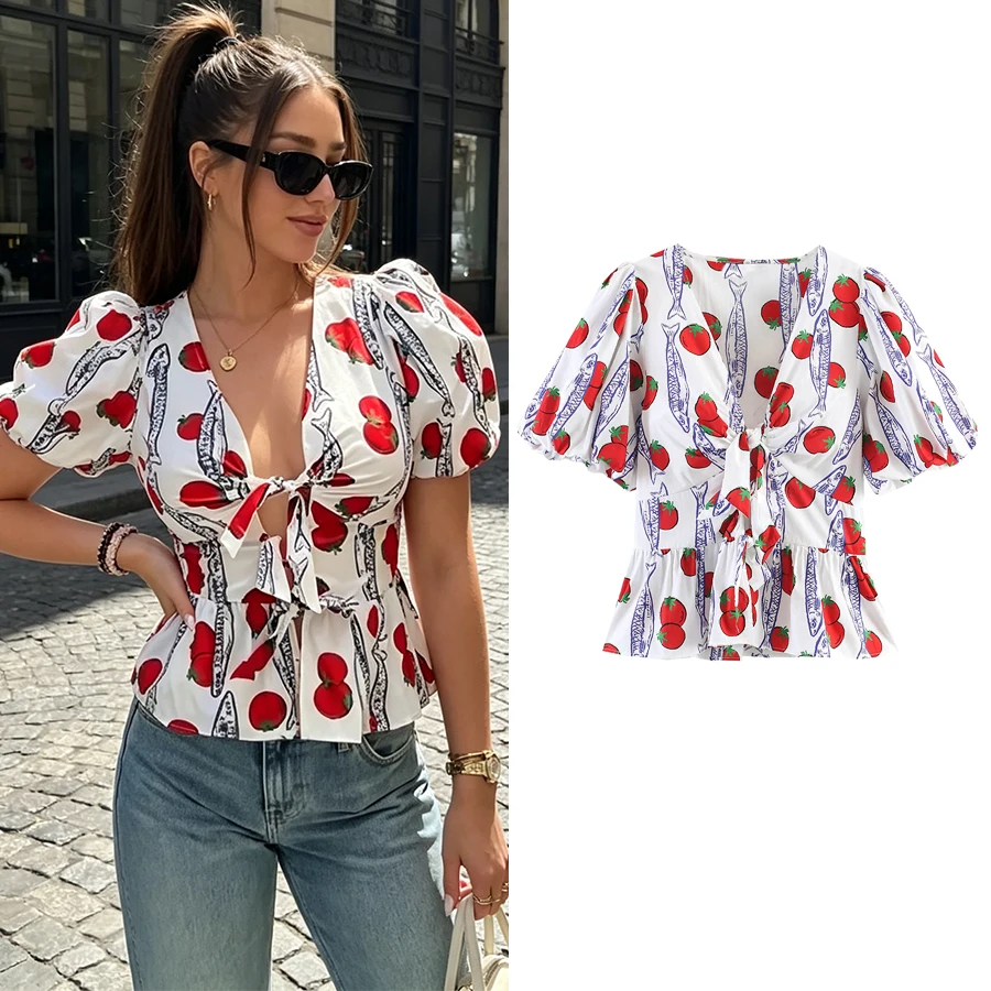 Women Fashion Printed Bow Lace Up Tops Women Pleated Blouse Vintage V-Neck Short Sleeves Chic Lady Shirts