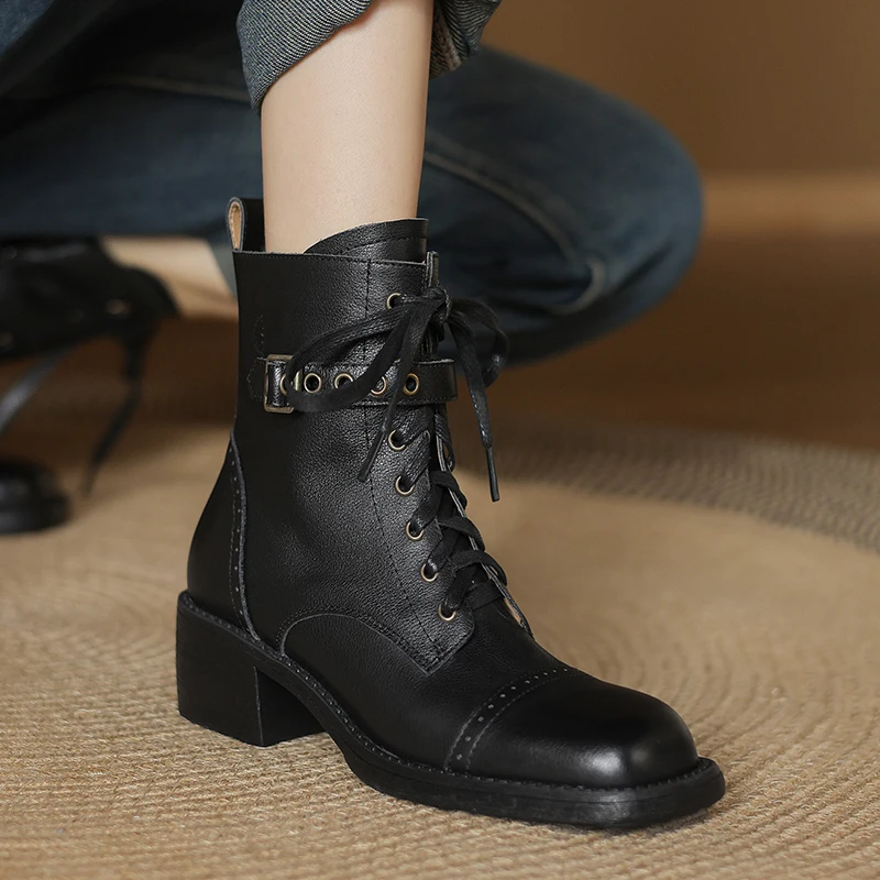 NEW Autumn Women Boots Genuine Leather Shoes for Women Round Toe Chunky Heel Shoes Lace-up Ankle Boots Zipper Designer Boots