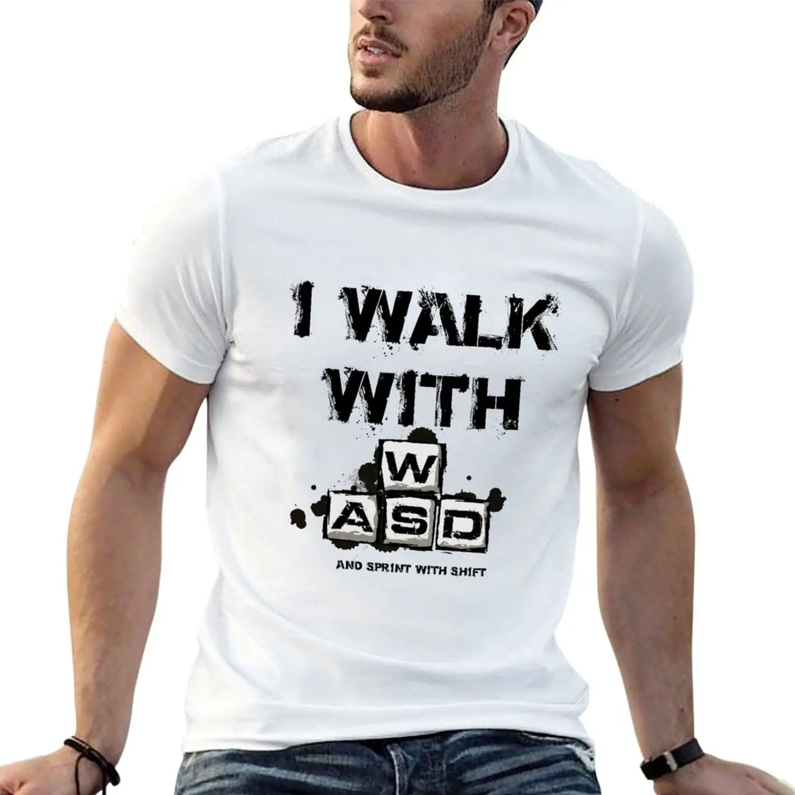 I WALK WITH WASD (And Sprint with Shift) T-Shirt Large Size Casual Short Sleeve Top