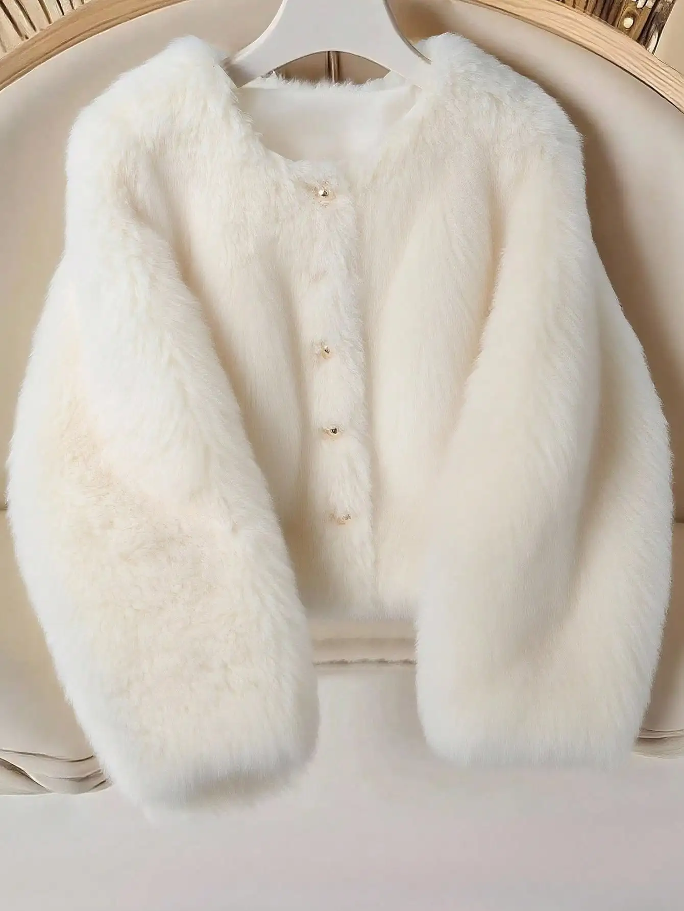 

Женская короткая куртка из искусственного меха белого цвета с жемчужными пуговицами для зимнего элегантного образа