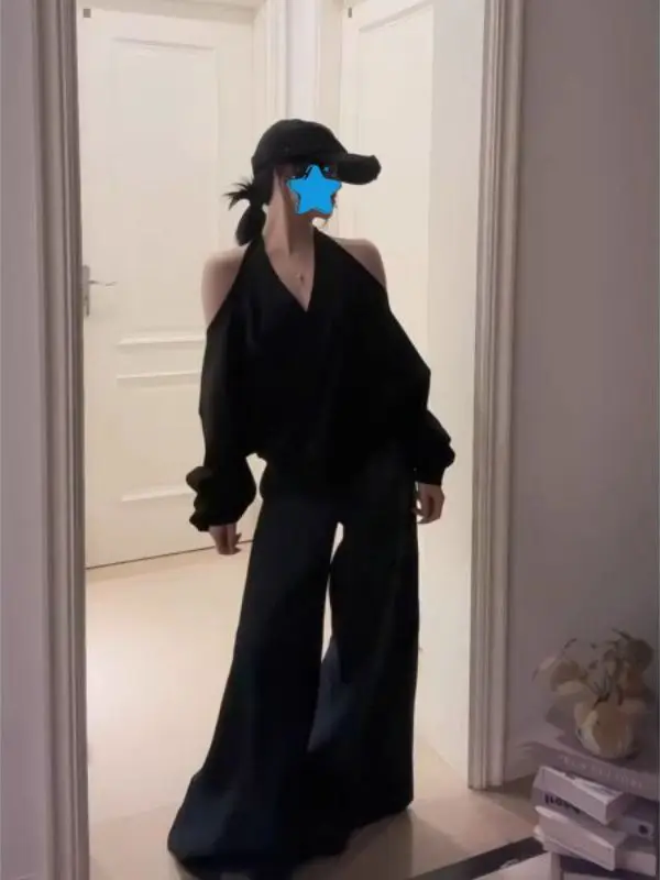 

Весенне-осенний корейский модный топ с открытыми плечами, длинными рукавами, V-образным вырезом, однотонный, для женщин