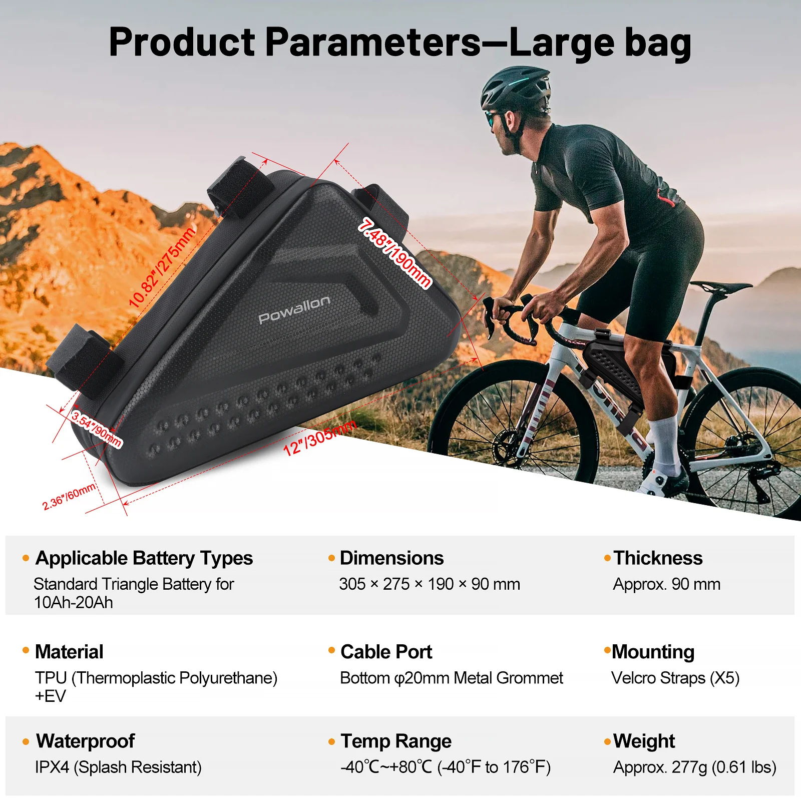 Wasserdichte Hartschalen-E-Bike-Dreieck-Akkutasche, 2 Stile Elektrofahrrad-Rahmenrohr-Akku-Aufbewahrungstasche für E-Bikes – Detail 3