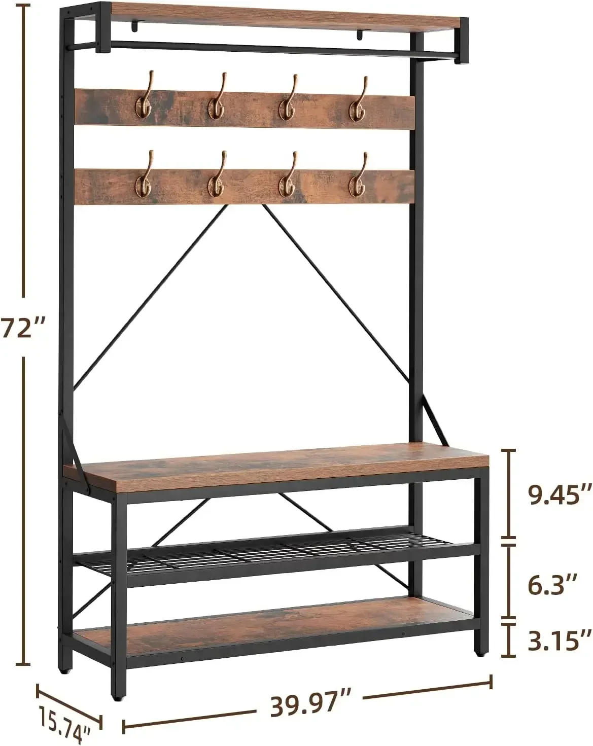 Large Coat Rack Shoe Bench Hall Tree Shoe Rack for Entryway 3-Tier Storage Shelf and Hooks Removable Industrial Accent Furniture