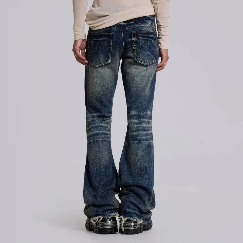 Mens Jeans Harajuku Y2K Streetwear Mid Blue Flared Denim Pants Vintage Washed Bootcut Wide Leg Loose Fit Gothic High Street New