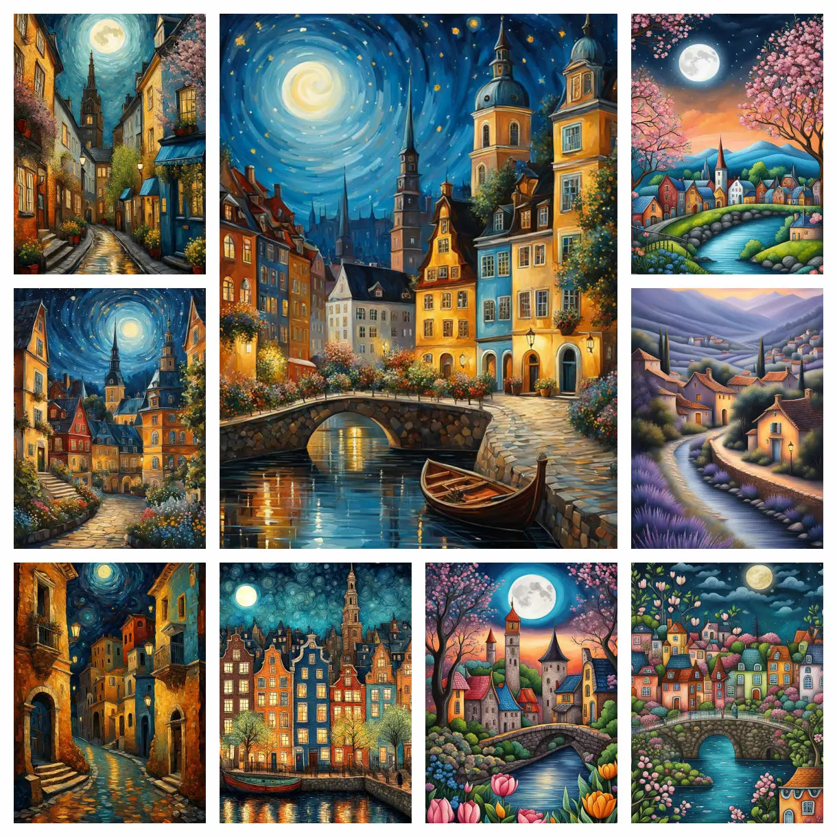 

Весенний пейзаж химерного города алмазная живопись искусство сказка Европейский город ночной пейзаж мозаика вышивка крестиком домашний декор