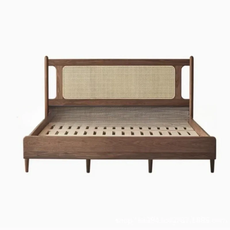 Black walnut wabi sabi wind all solid wood rattan  soft bag single double   frame new Chinese furniture handmade