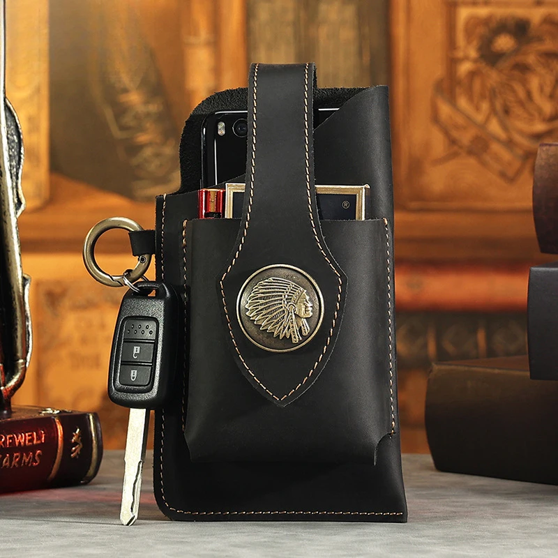 Leather mobile phone bag Vintage cowhide men's bag Outdoor sports tactical waist bag - Leather men's mobile phone waist bag