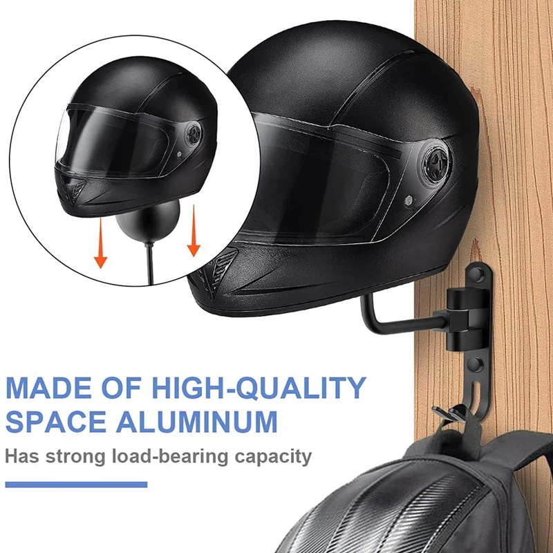 180° Motorcycle Helmet Rack, Rotation Metal Helmet Holder Wall Mount, Helmet Holder Bike With 2 Hooks Helmet Hanger