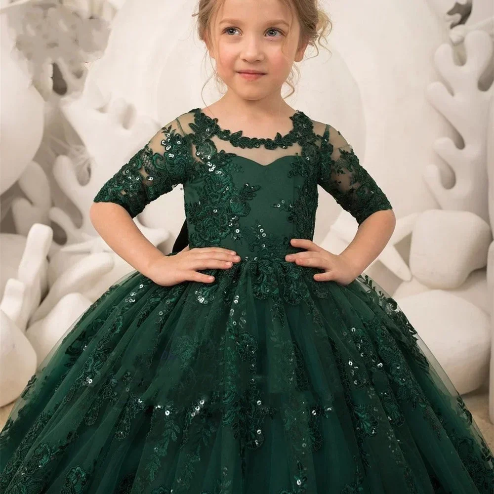 Robe de demoiselle d'honneur en dentelle verte personnalisée, robe en tulle, demi-manche, nœud à paillettes, bébé princesse, mariage, fête d'anniversaire, première communion