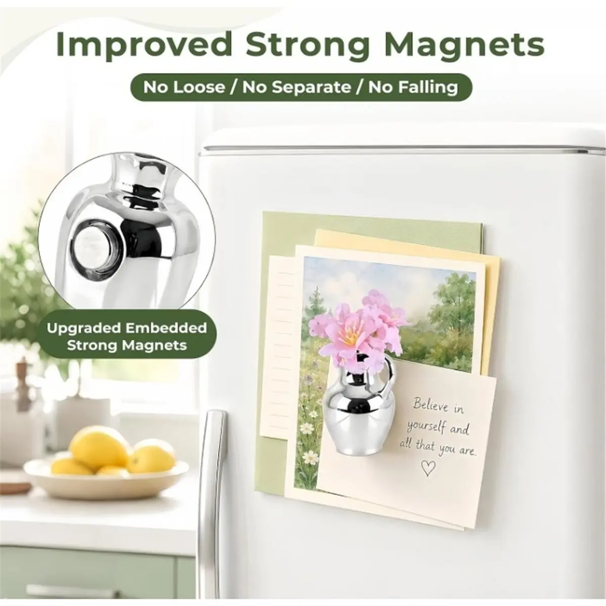 8Pcs Silver Ceramic Vase Magnets with Artificial Flowers, Embedded Strong Magnets for Secure Hold on Fridge, Lockers