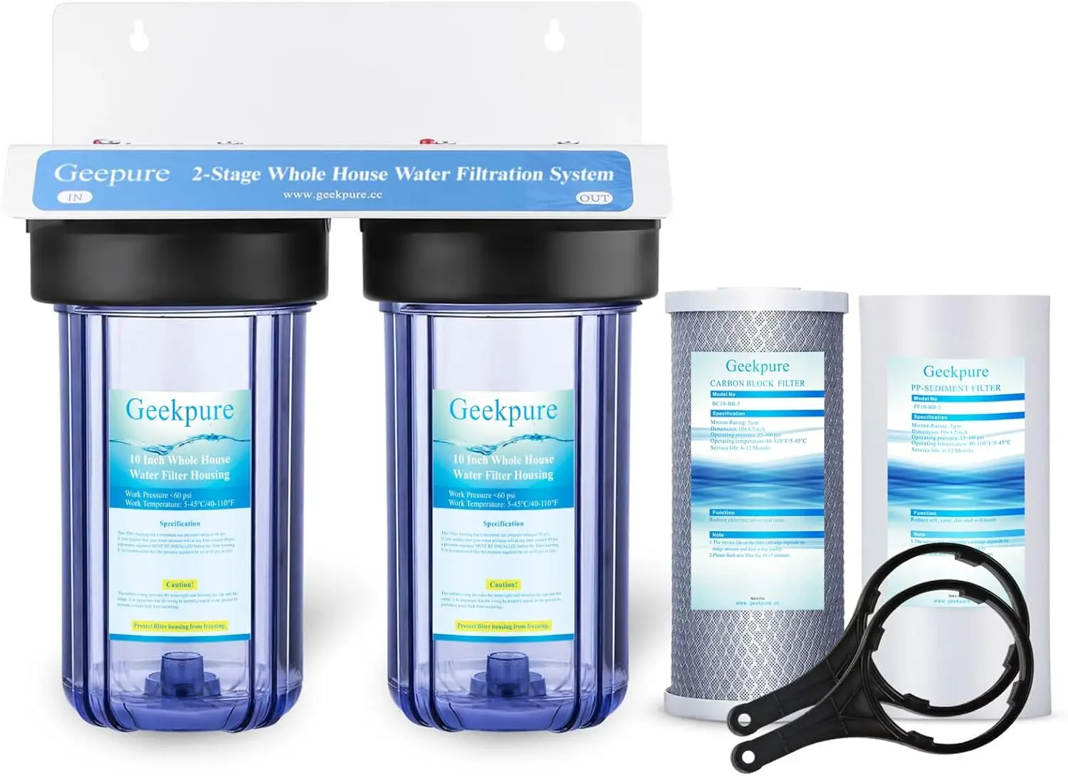 

Geekpure 2 Stage Whole House Water Filter System with 10-Inch Big Clear Housing PP and Carbon Filters-1"NPT